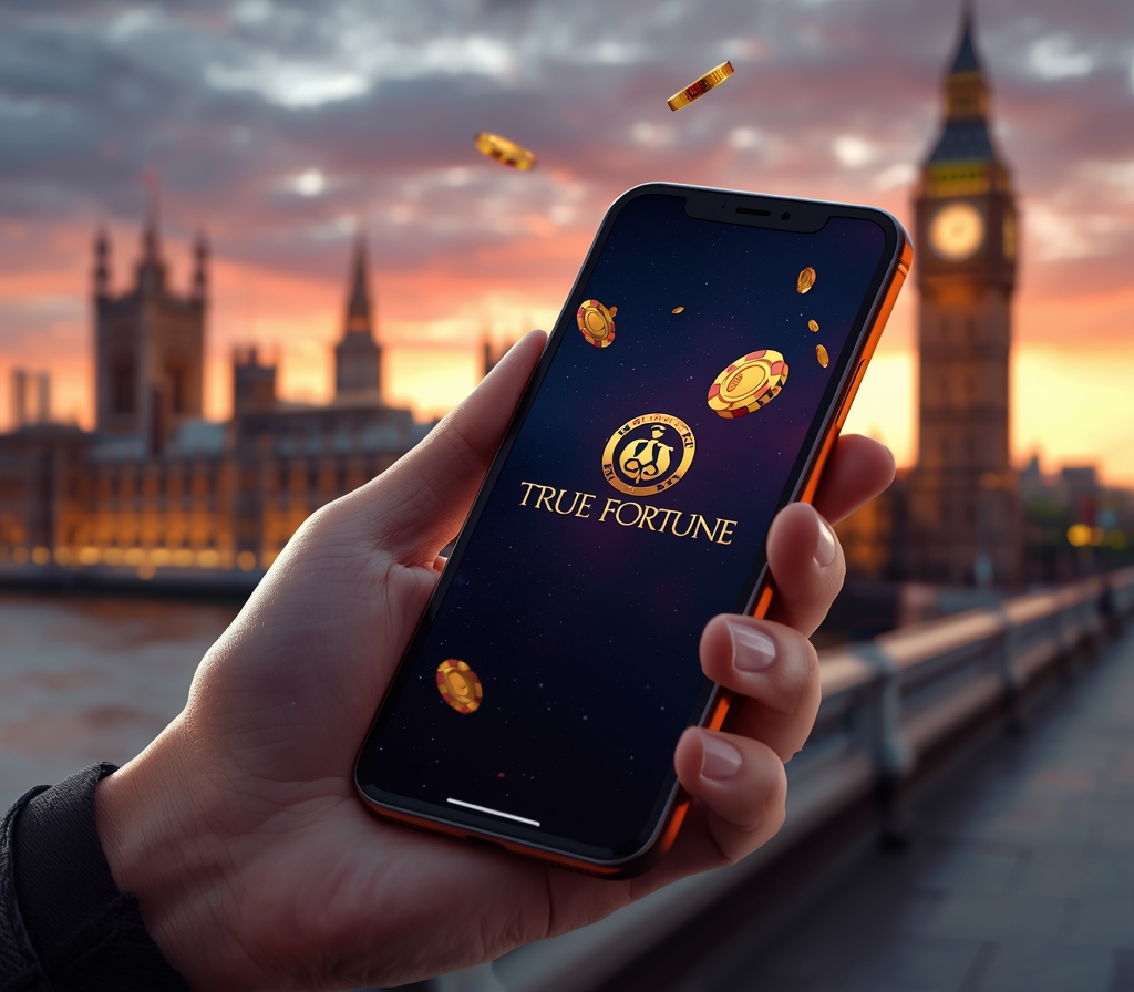 A hand holding a sleek smartphone displaying the True Fortune casino app, with the iconic Big Ben and Palace of Westminster at sunset in the background, elegant gold and deep blue branding, 3D golden coins and royal poker chips flying out of the screen, h